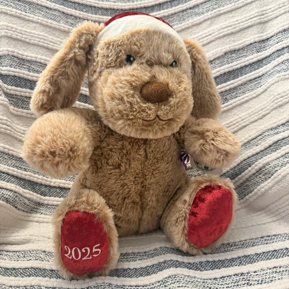 Hugaroo 2025 Plush Dog Stuffed Animal – Soft Tan Puppy with Santa Hat